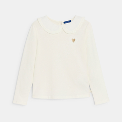 تيشيرت بأكمام طويلة وياقة كلودين، باللون الأبيض، للفتيات